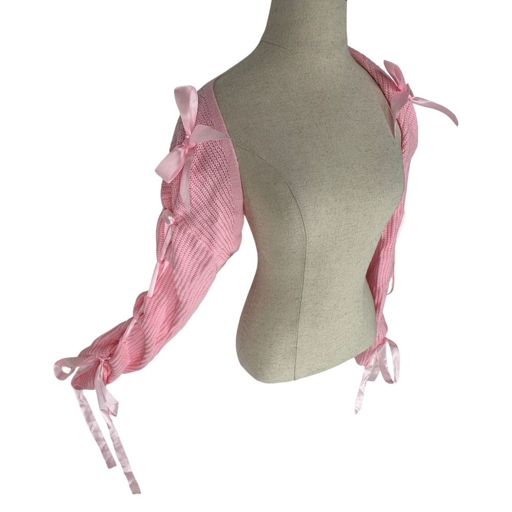 Romwe Pink Knit Ribbon Bow Shrug Bolero Cropped Sweater Medium